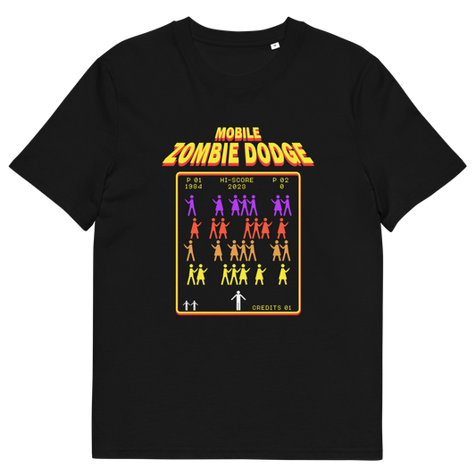 A black short-sleeve crewneck t-shirt featuring a retro video game style graphic on the chest. The graphic displays the text 'MOBILE ZOMBIE DODGE' in a yellow-orange gradient font above a grid of dancing zombie figures in purple, red, and yellow, mimicking a classic arcade game menu.