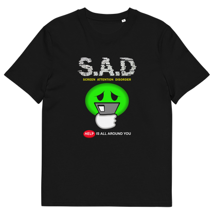 A black t-shirt with " S.A.D Screen attention disorder" text and a sick looking emoji face.
