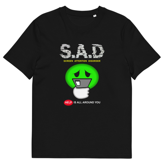 A black t-shirt with " S.A.D Screen attention disorder" text and a sick looking emoji face.