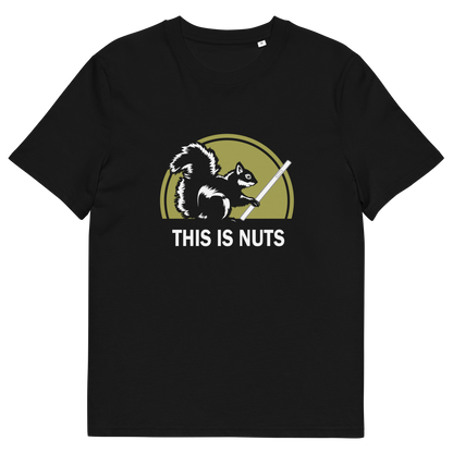 A black short-sleeve crewneck t-shirt featuring a graphic of a squirrel holding a smartphone in front of a yellow-green circle, with the text 'THIS IS NUTS' printed below in white.