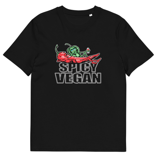 A black short-sleeve crewneck t-shirt featuring a graphic print of a green chili pepper and a red chilli character with the text 'SPICY VEGAN' underneath.