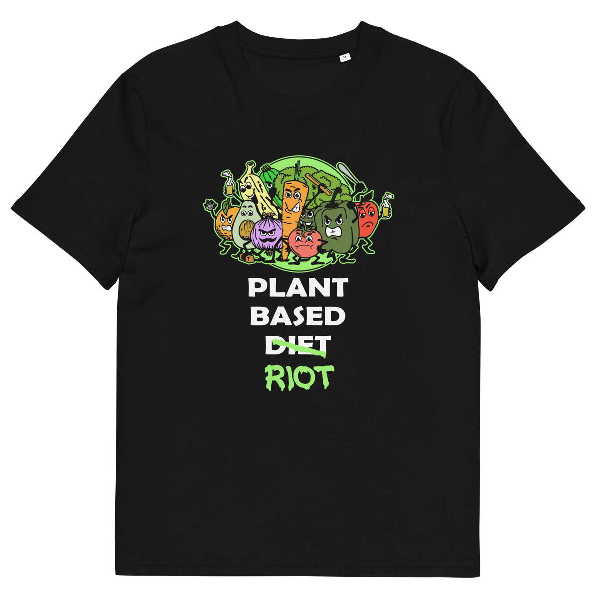 A black short-sleeve crewneck t-shirt featuring a colourful graphic of cartoon vegetables and the text 'PLANT BASED DIET RIOT' in white and green.