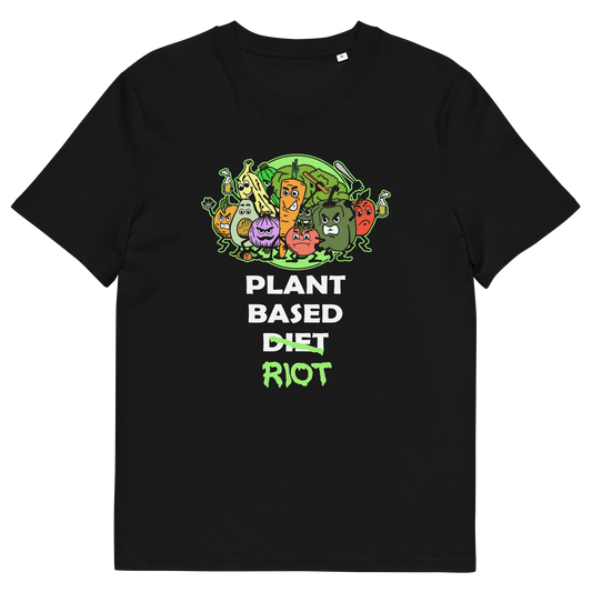 A black short-sleeve crewneck t-shirt featuring a colourful graphic of cartoon vegetables and the text 'PLANT BASED DIET RIOT' in white and green.