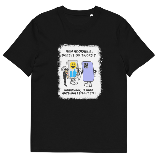 A black short-sleeve crewneck t-shirt featuring a white graphic print on the front. The graphic shows a cartoon smartphone with a human on a lead talking to another smartphone, with the text 'HOW ADORABLE, DOES IT DO TRICKS?' above and 'DAARLING, IT DOES ANYTHING I TELL IT TO!' below.