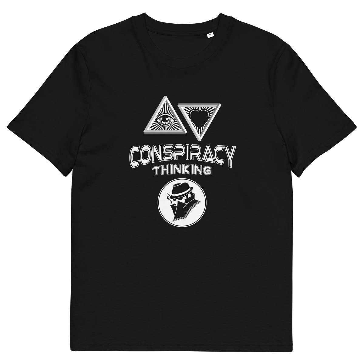 A black short-sleeve crewneck t-shirt with a white graphic print on the front. The graphic features two inverted triangles with eyes and a heart, the words 'CONSPIRACY THINKING' in a distressed stencil font, and a circular logo of a man in a fedora.