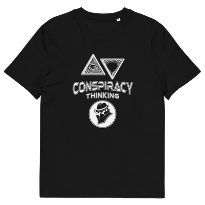 A black short-sleeve crewneck t-shirt with a white graphic print on the front. The graphic features two inverted triangles with eyes and a heart, the words 'CONSPIRACY THINKING' in a distressed stencil font, and a circular logo of a man in a fedora.