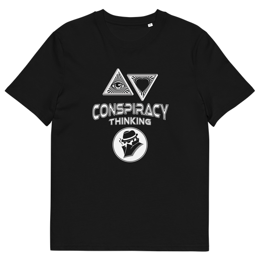 A black short-sleeve crewneck t-shirt with a white graphic print on the front. The graphic features two inverted triangles with eyes and a heart, the words 'CONSPIRACY THINKING' in a distressed stencil font, and a circular logo of a man in a fedora.