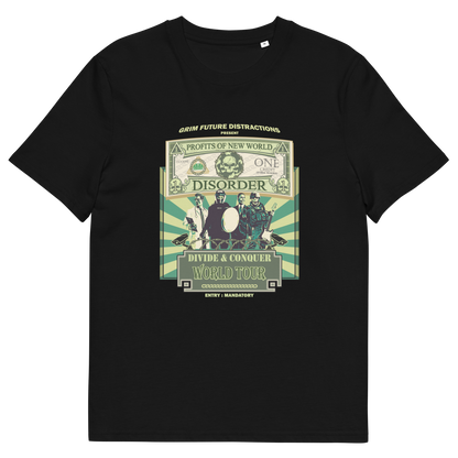 A black t-shirt with a spoof world tour design of a band called "PROFITS OF NEW WORLD DISORER".