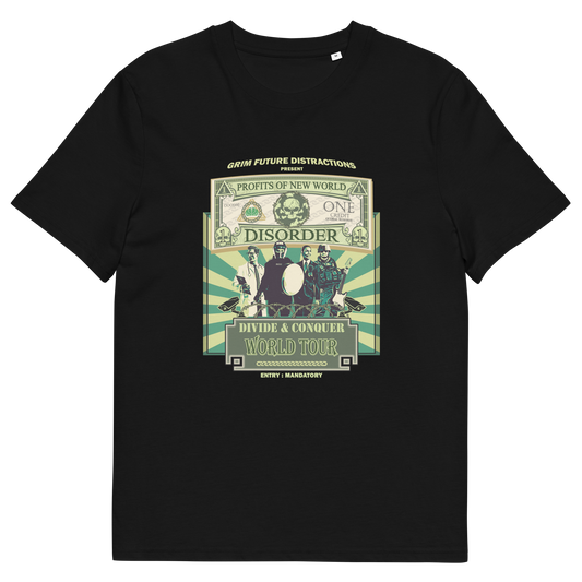 A black t-shirt with a spoof world tour design of a band called "PROFITS OF NEW WORLD DISORER".