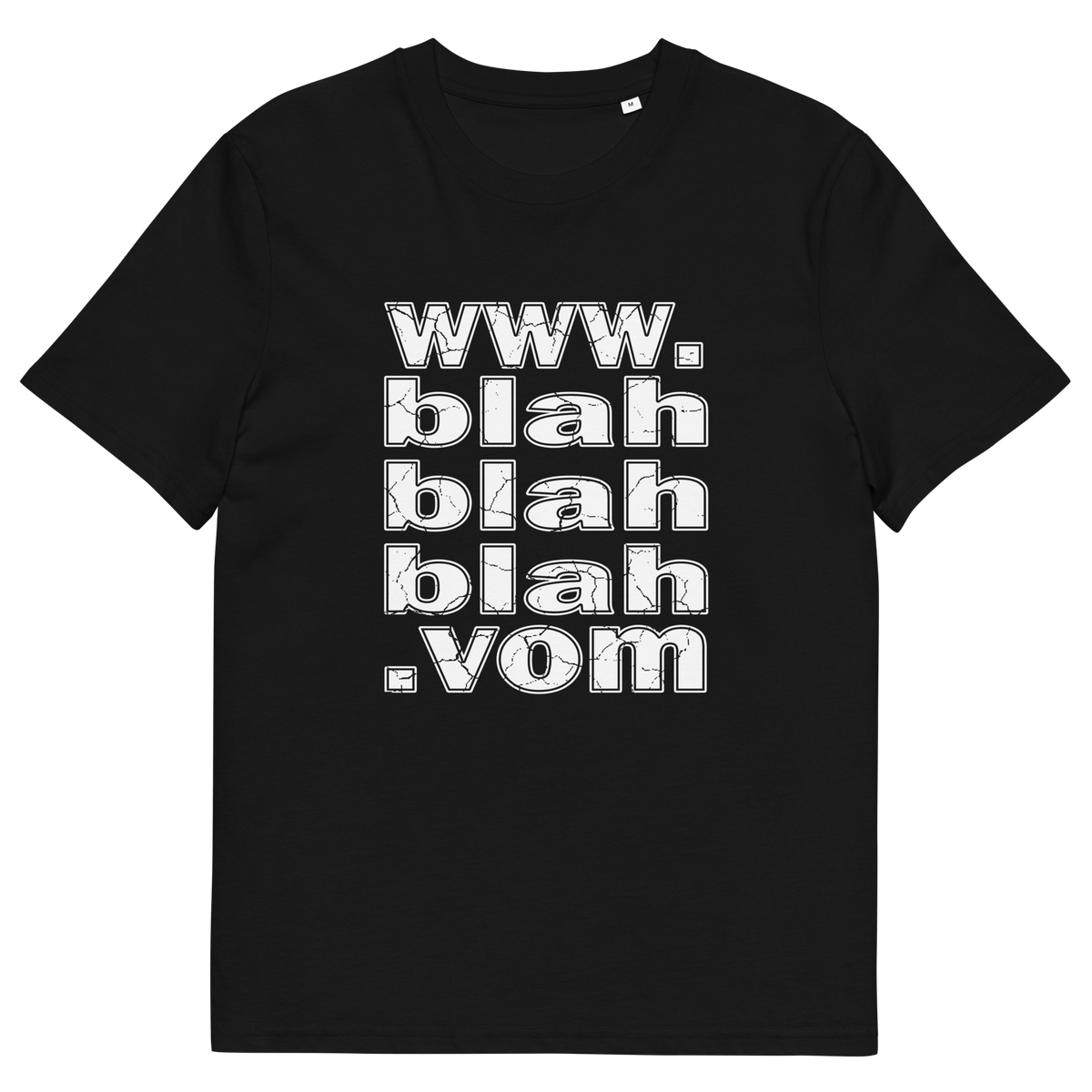 Black t-shirt with "www.blahblahblah.vom" text design.