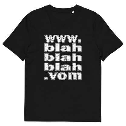 Black t-shirt with "www.blahblahblah.vom" text design.