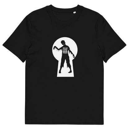 A black short sleeved t-shirt with a zombie through a key hole design with "DON'T BE BLINDED BY THE HIVE MINDED" text.