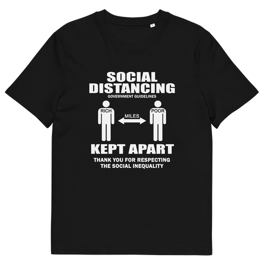 A black short-sleeve crewneck t-shirt with a white graphic print on the front. The graphic features the text 'SOCIAL DISTANCING' and 'KEPT APART' with stick figures representing the recommended distance, labelled 'MILES'.