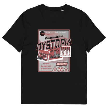 A black, short sleeved, crew necked t-shirt with a spoof travel poster design with "Destination Dystopia" text.