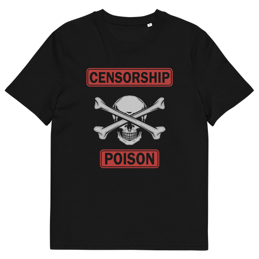 A black, short sleeved, crew neck t-shirt with bones across a skull in grey design with "CENSORSHIP POISON" TEXT.