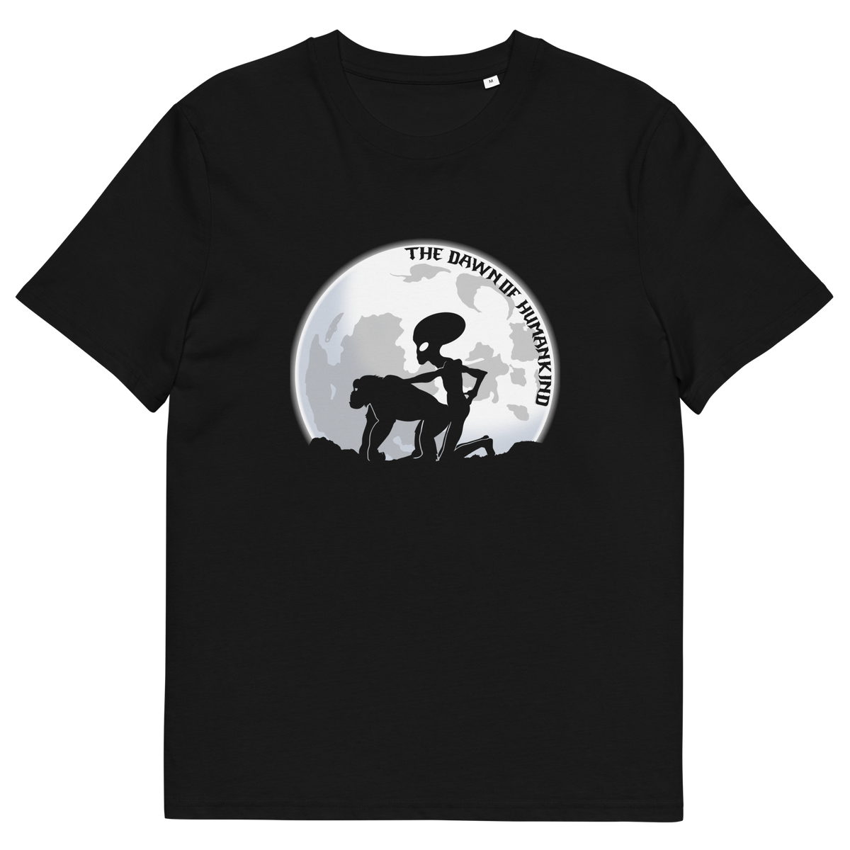A black, short sleeved, crew neck t-shirt with the silhouette of an alien and a monkey in front of the moon with the text "THE DAWN OF HUMANKIND".