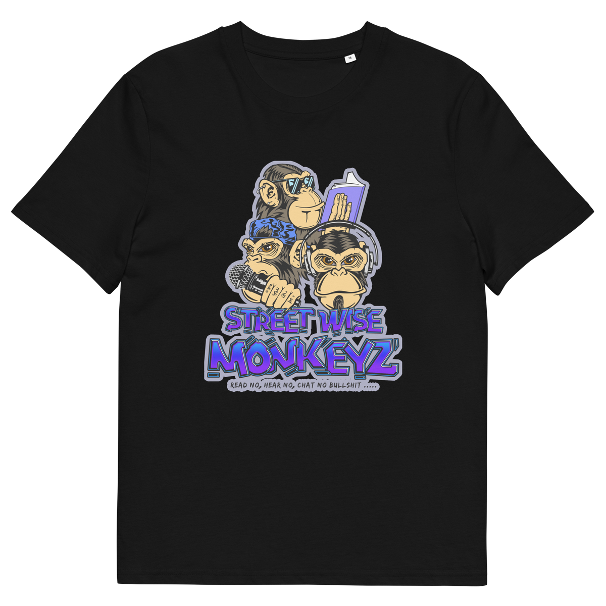 A black short-sleeve crewneck t-shirt featuring a colourful graphic print of three cartoon monkeys with the text 'STREET WISE MONKEYZ' in purple and blue.