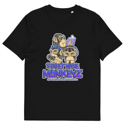A black short-sleeve crewneck t-shirt featuring a colourful graphic print of three cartoon monkeys with the text 'STREET WISE MONKEYZ' in purple and blue.