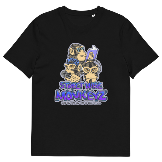 A black short-sleeve crewneck t-shirt featuring a colourful graphic print of three cartoon monkeys with the text 'STREET WISE MONKEYZ' in purple and blue.