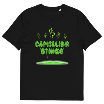 A black short sleeved crew neck t-shirt with "CAPITALISM STINKS" printed in a mouldy green cheese style.