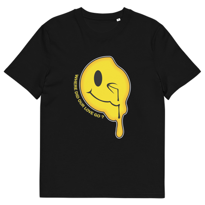 A black short sleeved crew neck t-shirt with a yellow dripping smiley face and the text "WHERE DID OUR LOVE GO?".