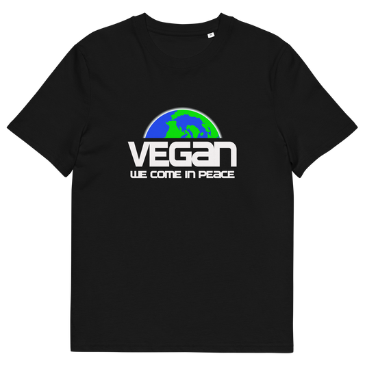 A black short sleeved crew neck t-shirt with a graphic of half a globe with the text "VEGAN WE COME IN PEACE" under it.