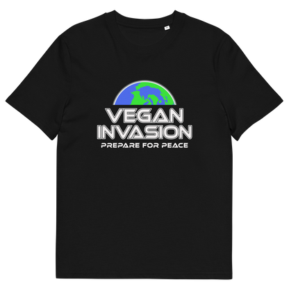 A black short sleeved crew neck t-shirt with a graphic of half a globe with the text "VEGAN INVASION, PREPARE FOR PEACE" written in white underneath,