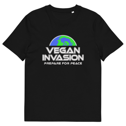 A black short sleeved crew neck t-shirt with a graphic of half a globe with the text "VEGAN INVASION, PREPARE FOR PEACE" written in white underneath,