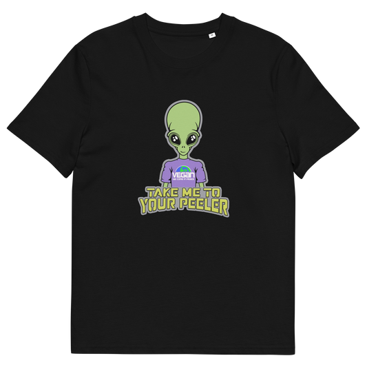 A black short sleeved crew neck t-shit with a vegan alien design above "TAKE ME TO YOUR PEELER" text.