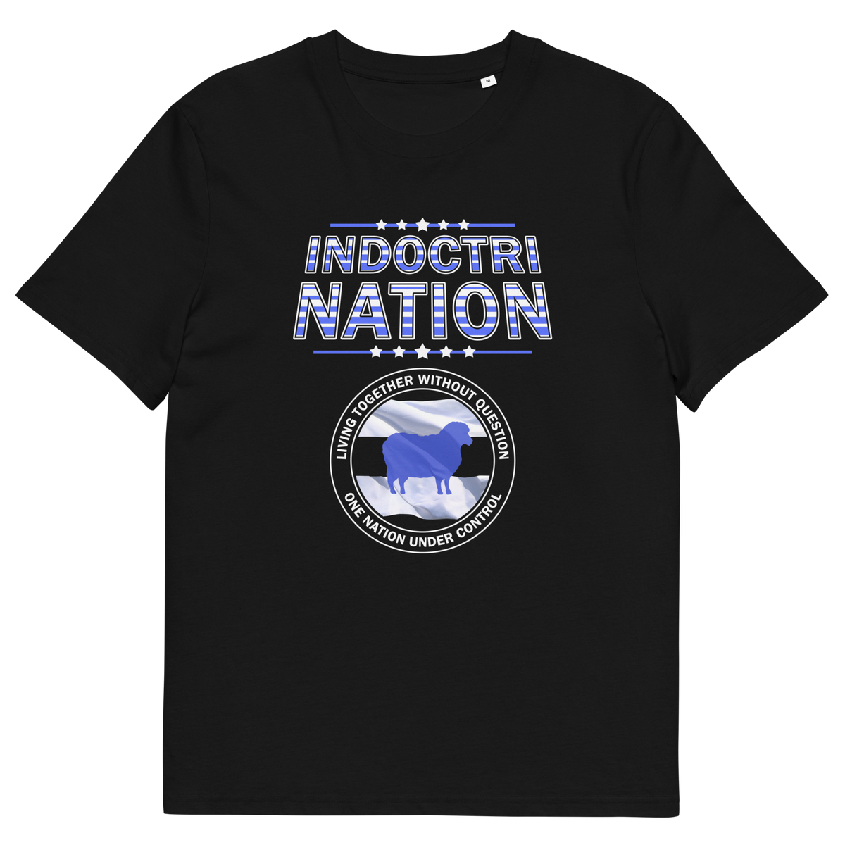 A black short sleeved crew neck t-shirt with a logo of a sheep on a flag and the text "INDOCTRINATION" above it.