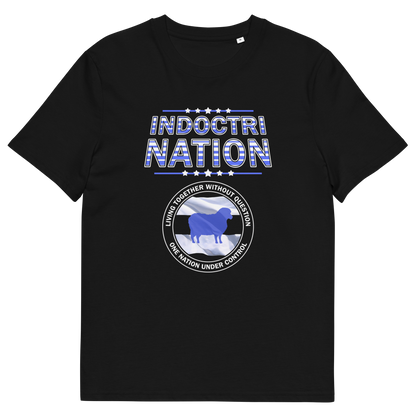 A black short sleeved crew neck t-shirt with a logo of a sheep on a flag and the text "INDOCTRINATION" above it.