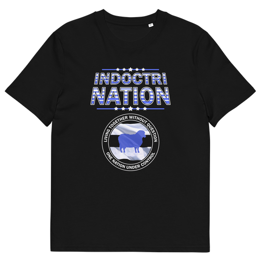 A black short sleeved crew neck t-shirt with a logo of a sheep on a flag and the text "INDOCTRINATION" above it.