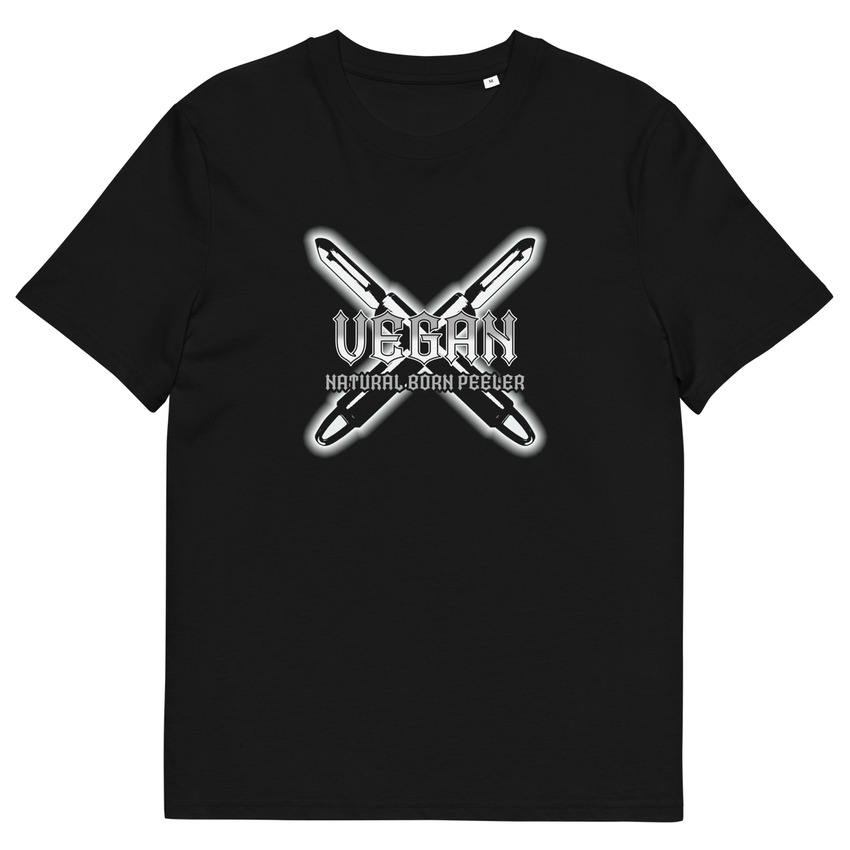 A black short sleeved crew neck t-shirt with a graphic of two crossed vegetable peelers and the text "VEGAN, NATURAL BORN PEELER" printed over the top.