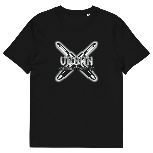 A black short sleeved crew neck t-shirt with a graphic of two crossed vegetable peelers and the text "VEGAN, NATURAL BORN PEELER" printed over the top.