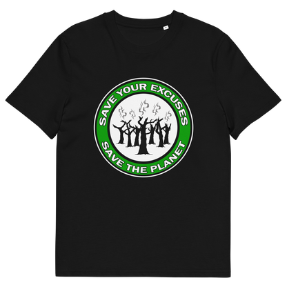 A black short sleeved crew neck t-shirt with "SAVE YOUR EXCUSES, SAVE THE PLANET" text written around burning tree stumps.