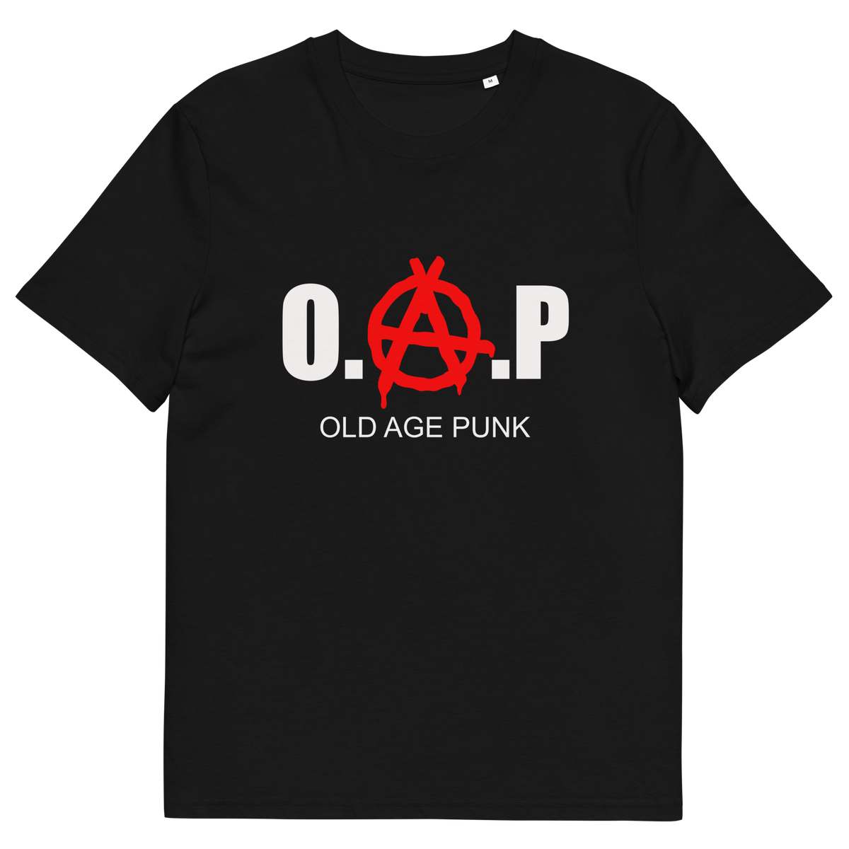 A black short sleeved crew neck t-shirt with "O.A.P OLD AGE PUNK" graphic text.