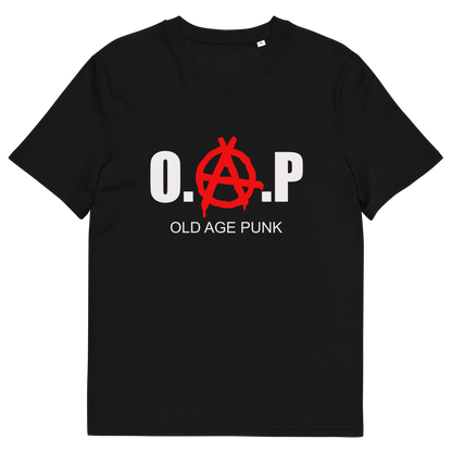 A black short sleeved crew neck t-shirt with "O.A.P OLD AGE PUNK" graphic text.