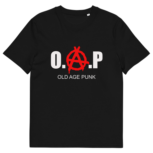 A black short sleeved crew neck t-shirt with "O.A.P OLD AGE PUNK" graphic text.