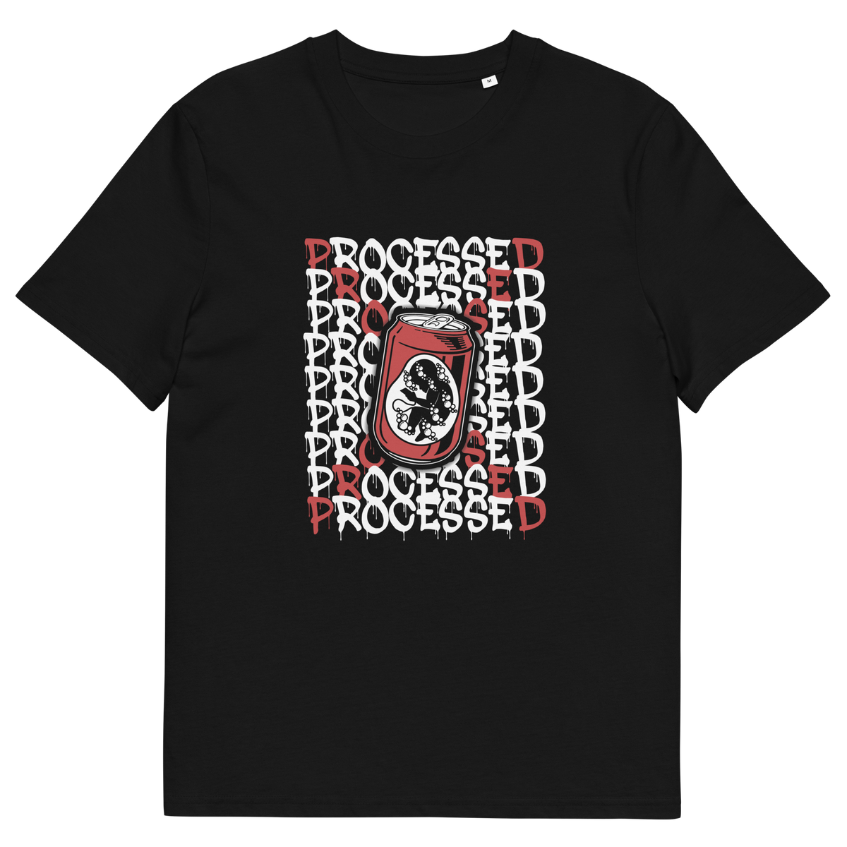 A black short sleeved crew neck t-shirt with a graphic of a baby in a soda can on the phone, surrounded by the text "PROCESSED" in white and red.