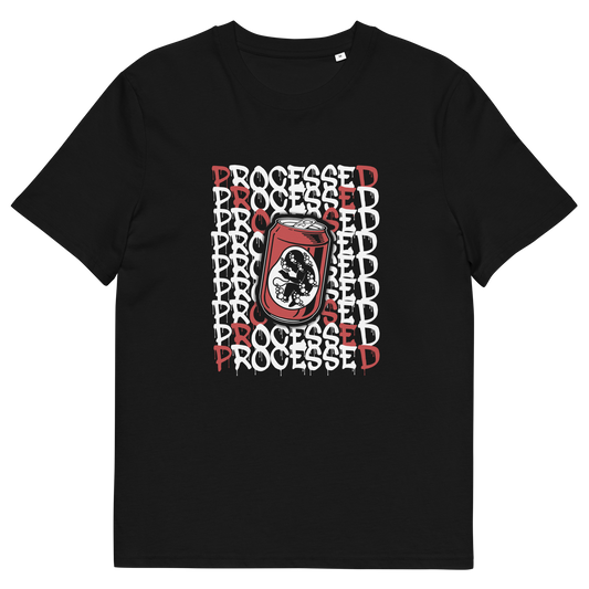 A black short sleeved crew neck t-shirt with a graphic of a baby in a soda can on the phone, surrounded by the text "PROCESSED" in white and red.