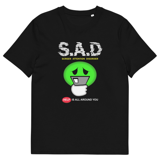 A black short sleeved crew neck t-shirt with " S.A.D Screen attention disorder" text and a sick looking emoji face.
