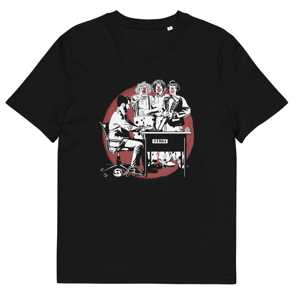 A black short sleeved crew neck t-shirt with a white and red graphic of three clowns laughing and pointing at an office worker.