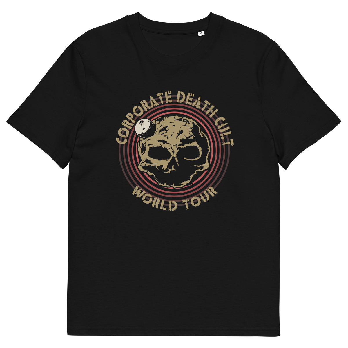 A black short sleeved crew neck t-shirt with a skull shaped dead planet graphic with "CORPORATE DEATH CULT WORLD TOUR" printed around it.