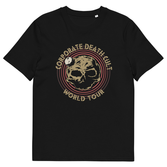 A black short sleeved crew neck t-shirt with a skull shaped dead planet graphic with "CORPORATE DEATH CULT WORLD TOUR" printed around it.