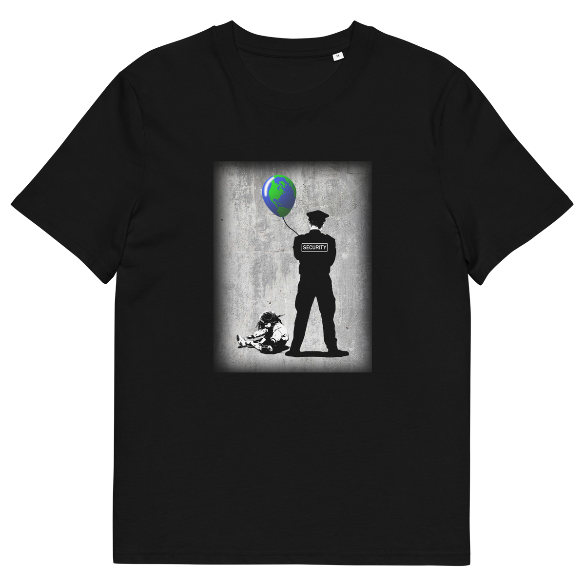 A black short sleeved crew neck t-shirt with a graffiti stencil design of a girl sitting on the floor, tying her shoelace while a security guard looks after her globe balloon. 