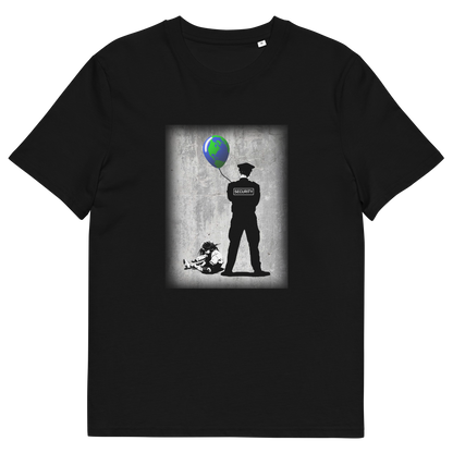 A black short sleeved crew neck t-shirt with a graffiti stencil design of a girl sitting on the floor, tying her shoelace while a security guard looks after her globe balloon. 