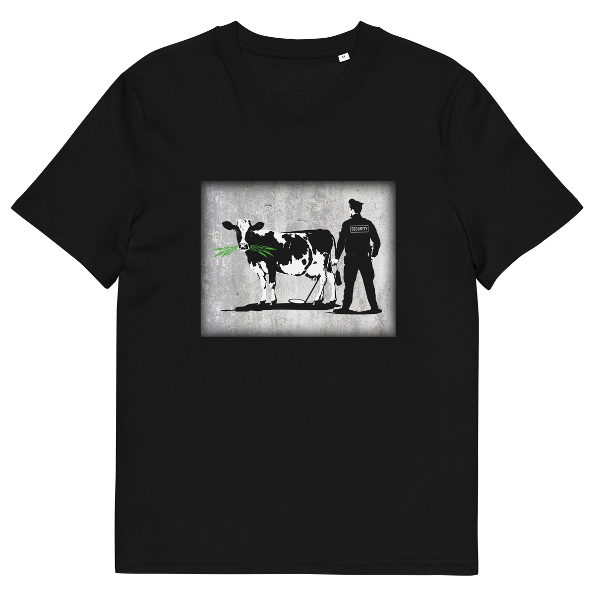 A black short sleeved crew neck t-shirt with a graffiti stencil design of a cow being checked by a security guard.