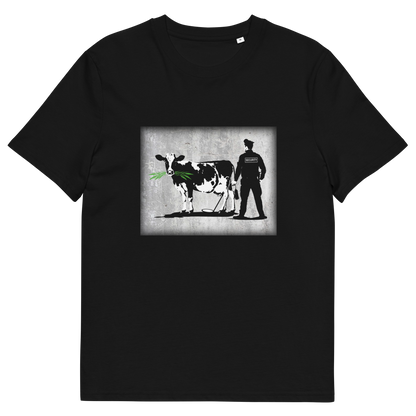 A black short sleeved crew neck t-shirt with a graffiti stencil design of a cow being checked by a security guard.