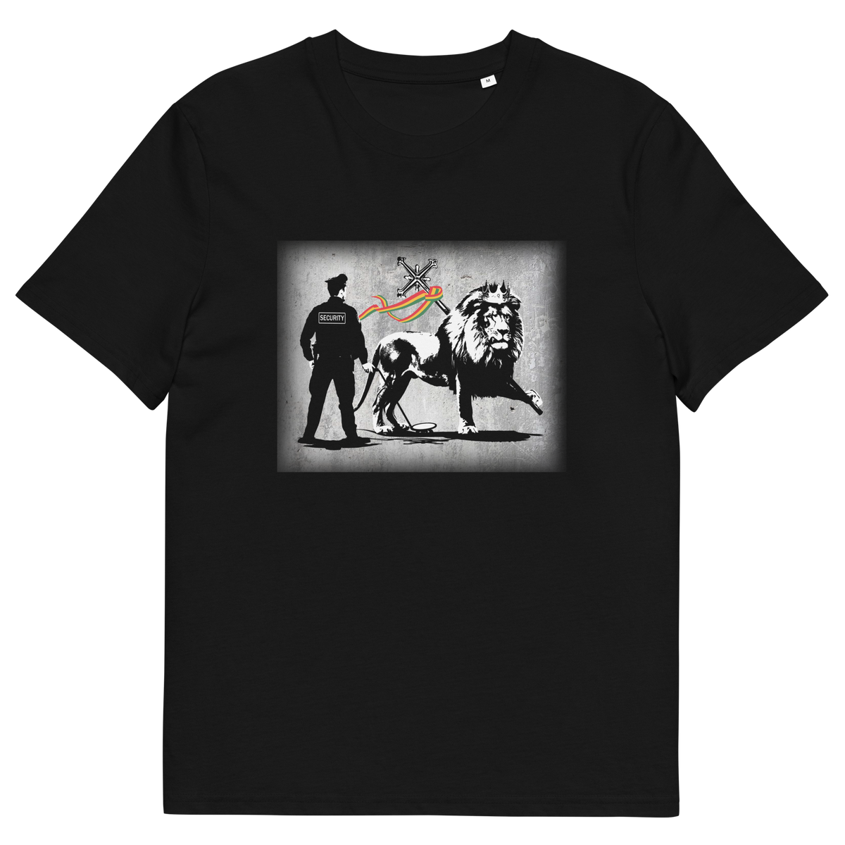 A black short sleeved crew neck t-shirt with a graffiti stencil design of a security guard checking the underside of the Lion of Judah for explosives.