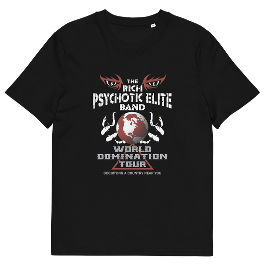 A black short sleeved crew neck t-shirt with a spoof rock band design called "The Rich Psychotic Elite Band" and a "World Domination Tour" logo.